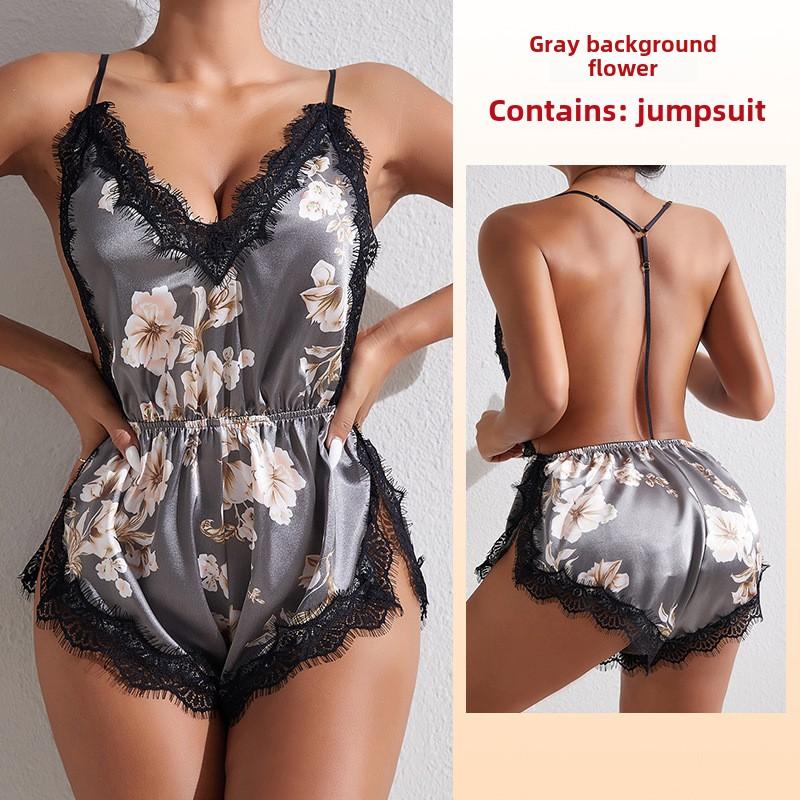 Sexy Temptation Suspender Tílko Šortky Pyžamo Jednodílné ledové hedvábné pyžamo Loungewear s límečkem