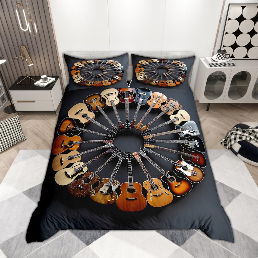 Homewish Music Theme Duvet Cover Set 2pcs/3pcs, Musical Guitar Bedding, Cartoon Instruments Print Bed Set
