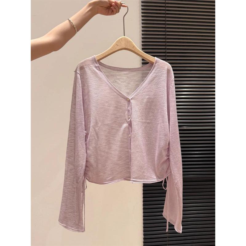 

women sheer knit cardigan v-neck long sleeve drawstring side casual button down sun protection top S фиолетовый
