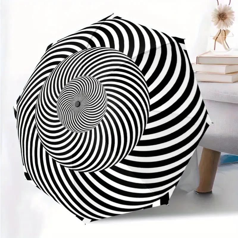 Folding Umbrella with Central Pattern, Rotating Ring & Contrast Black & Stripes - Compact Travel Umbrella for Backpacks, Perfe
