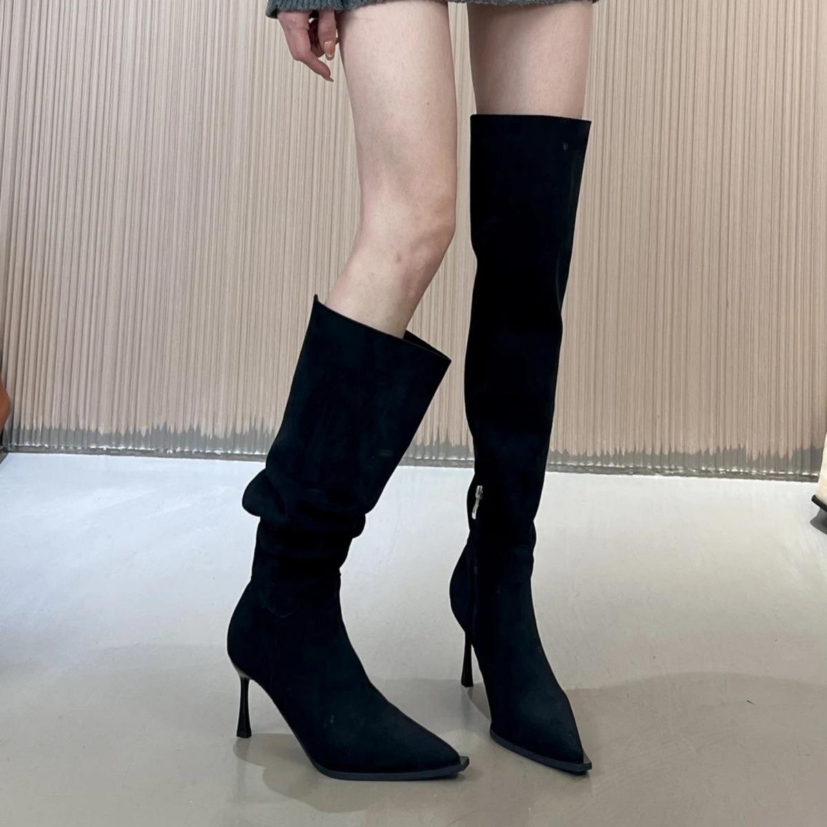 Wear more than one boot French pointed high-heeled boots over the knee design sense lapel stacking boots big tube circumference boots 40 чёрный 3990₽