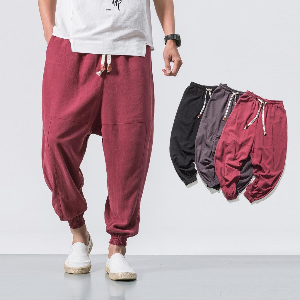 2022 Men's Loose Linen Ankle-Length Drawstring Trousers - Youthful Spring/Summer Style, Plus Size, Solid Color.