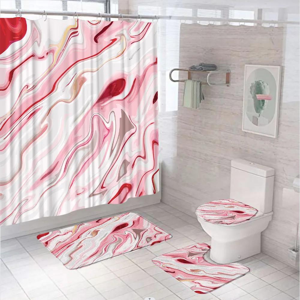 Marbling 3D Shower Curtains Luxury Marble Blue Golden Veins Bath Mats Set Pedestal Rug Toilet Cover Bathroom Curtain With Hooks