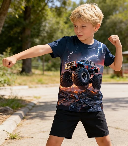 Little Hand Boy T-Shirt 3D Graphic Shirt Monster Truck Print Crewneck Cool Short Sleeve Shirt for 3-10 Years