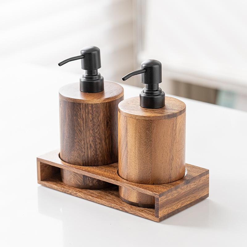 Walnut Wood Dispenser Pump Bottle, Press Type Liquid Soap Container for Lotion, Shampoo, Bath Gel Hotel Bathroom Organizer
