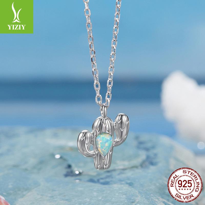 S925 Sterling Silver, Creative Cactus Opal Necklace Women'S Light Luxury Niche Jewelry Cross-Border Ns Style