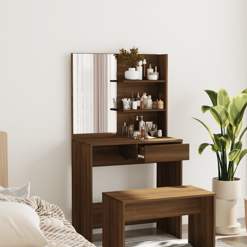 Schminktisch im Schlafzimmer mit Spiegel, Stauraum, 1 Schublade, 3 Ebenen Regale zur Aufbewahrung und Präsentation, 74,5x40x141 cm