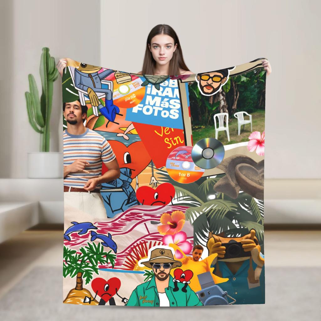 Zanger Bads Bunnys Deken Kwaliteit Warm Beddengoed Plaids Winter Picknick Buiten Grappig Sprei