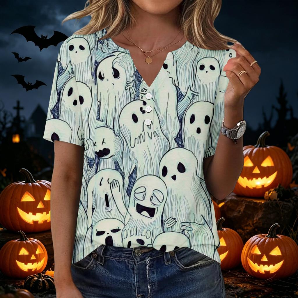 Women's Halloween Printed Loose Fit V Neck Short Sleeve Top with Pocket Casual Blouse for Seasonal Wear and Everyday Comfort