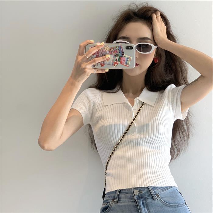Summer Slim Thin Short Section Top Retro Small Lapel Short-sleeved Knit T-shirt Female Casual Essential Comfort Style Slim Fit Pullovers Tees