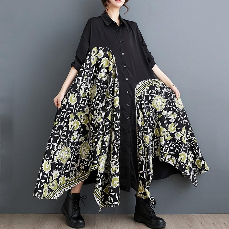 Long Sleeve Plus Size Vintage Floral New In Dresses for Women Casual Loose Spring Autumn Shirt Dress