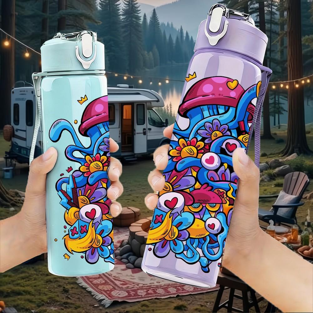 1PC Psychedelic Swirl Graffiti Doodle Pattern 750ml Color Plastic Sports Water Bottle Leakproof Flip Straw Lid Suitable for Sports Office Home Use