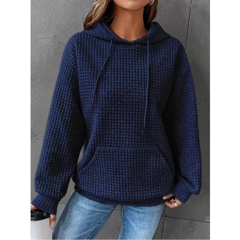 Stylish 2023 Party Fashion Style Work Clothing Fall Loose Pullover Hooded Long Sleeves Patchwork Waffle Sweatshirt Women