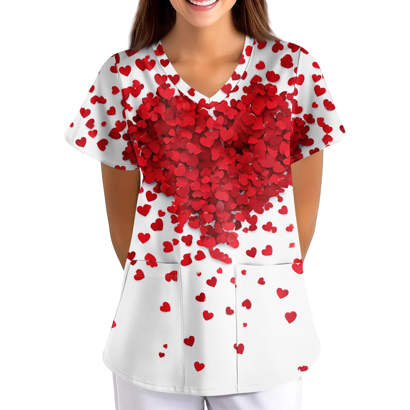 

Великого розміру Принтований Скраб Робоча Уніформа Топи Для Жіночих V-подібний виріз з принтом Короткий рукав Веселі футболки Робочий одяг Футболка з кишенями XXL рожевий