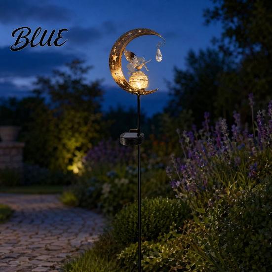 Outdoor Hummingbird Decor Moon Solar Light Metal Crescent with Crackle Glass Ball Garden Landscape Lighting Stake Pathway Light for Yard Patio Lawn