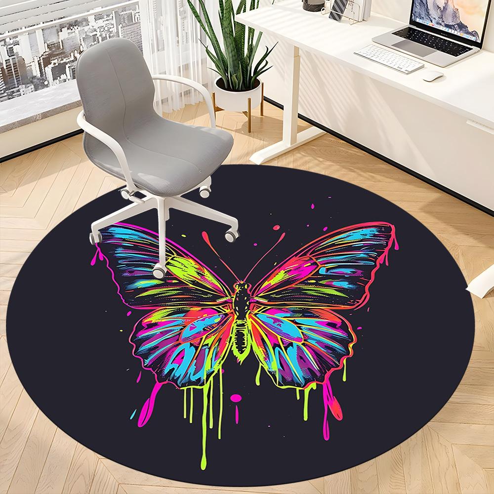 1PC Butterfly Neon Office Round Area Rug, Mat Suitable For Office, Under Office Chairs Bedroom Living Room Home Decor, Room Deco