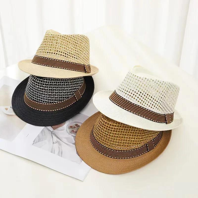 Men Wide Brim Braided Straw Sun Hat Panama Jazz Hat Summer UV Protection Breathable Mesh Beach Outdoor British Style Cowboy