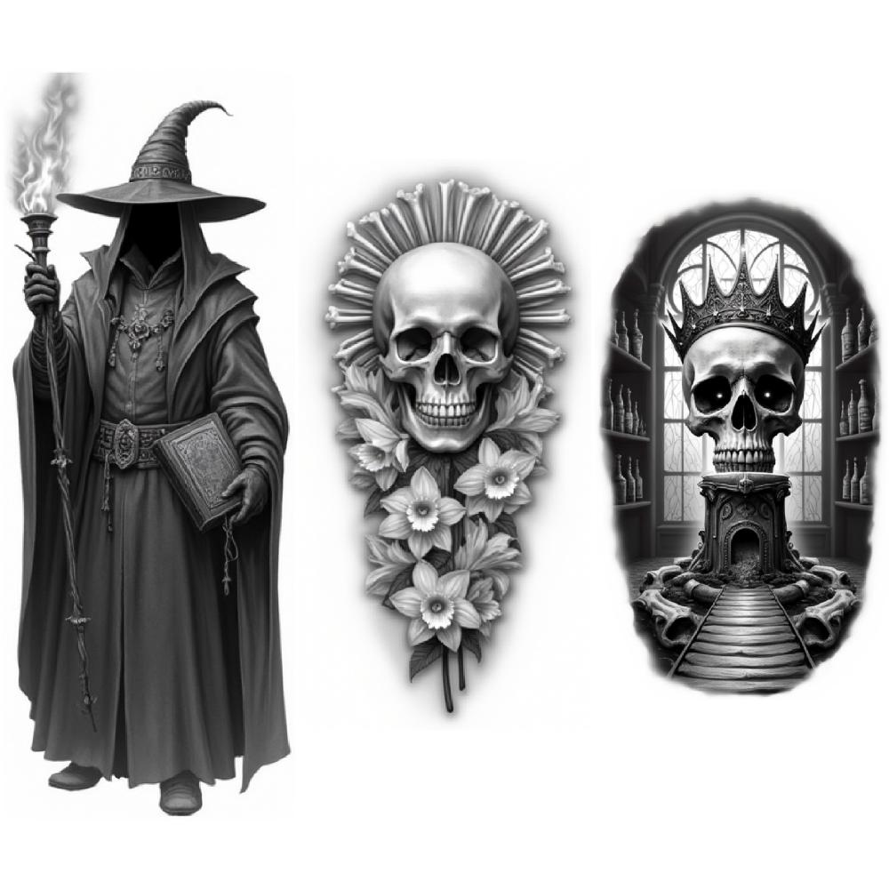 3 Stück Temporäre Tattoos Realistische Temporäre Tattoos Wolfskopf Totenkopf Stab Totenkopf Mit Krone Für Frauen Erwachsene Oberschenkel