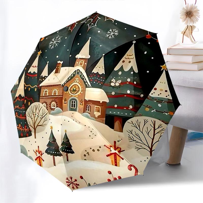 

1pc Christmas Winter Village Scene Automatic Opening Folding Umbrella, 8 Bone Iron Frame, Outdoor, Festive Gift for Fans, Travelers, Daily Use.N050