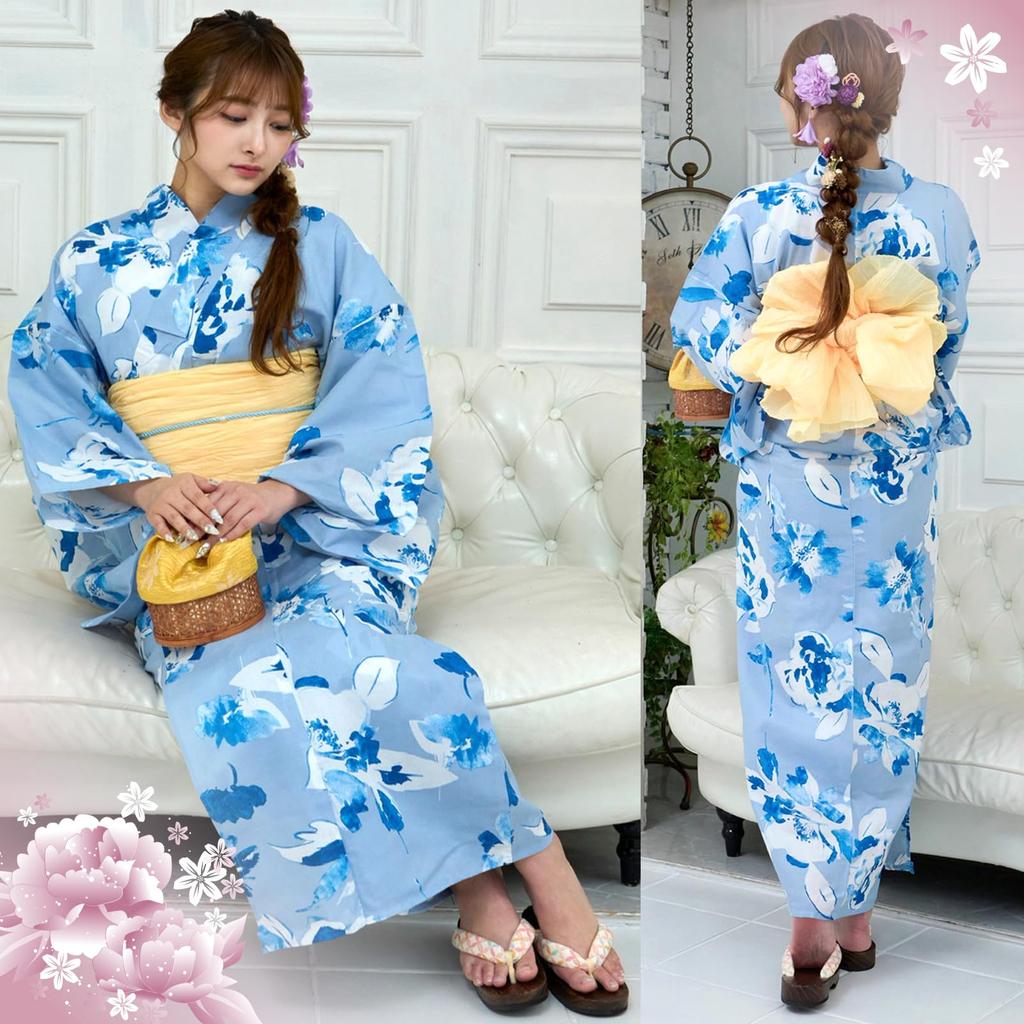 RAVIR Yukata White and Blue Bold Floral Fluffy Obi and Geta One Size Fits All Women's 3-Piece Set, Contrast, Pattern, Belt, Sandals, Blue,