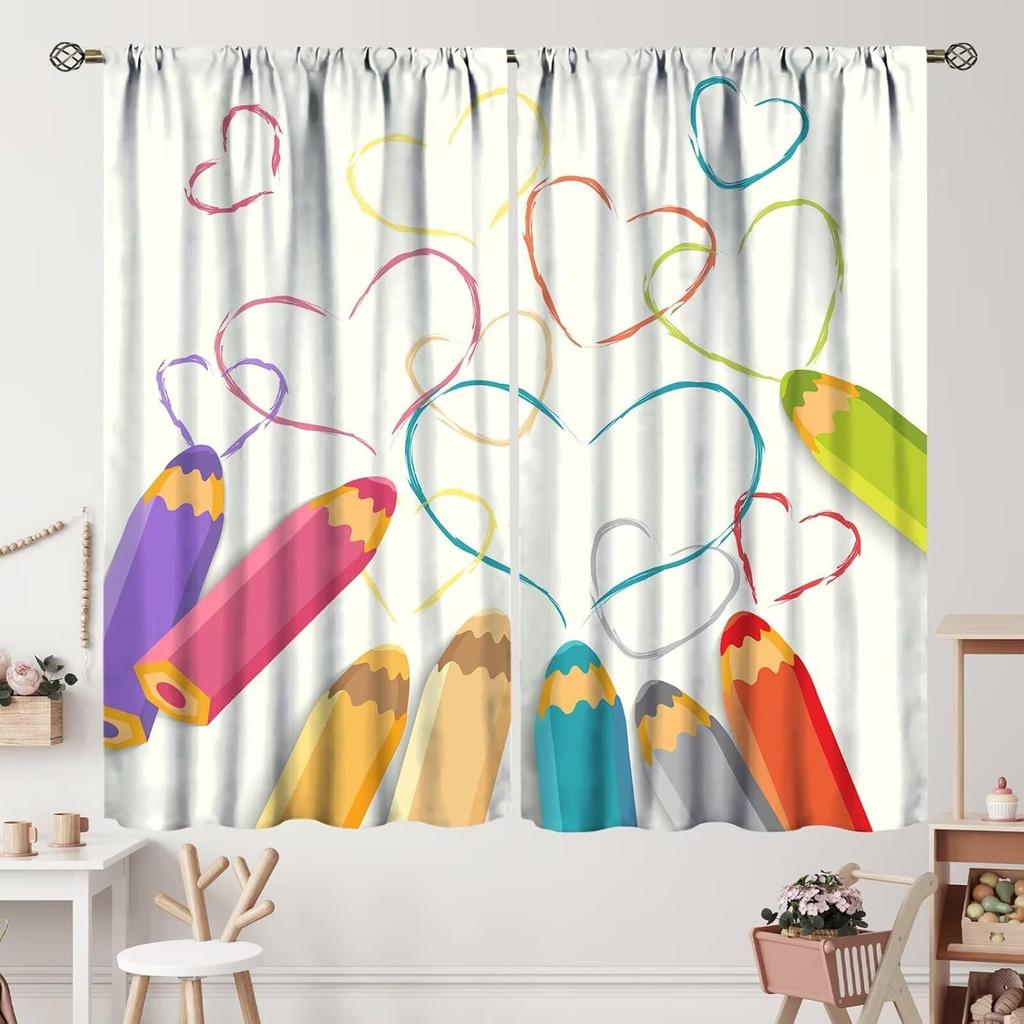 Kids Cartoon Pencil Curtains Colorful Crayons Art Printed School Curtain Nursery Bedroom Living Room Home Polyester With Rod Pocket Washable Sitting