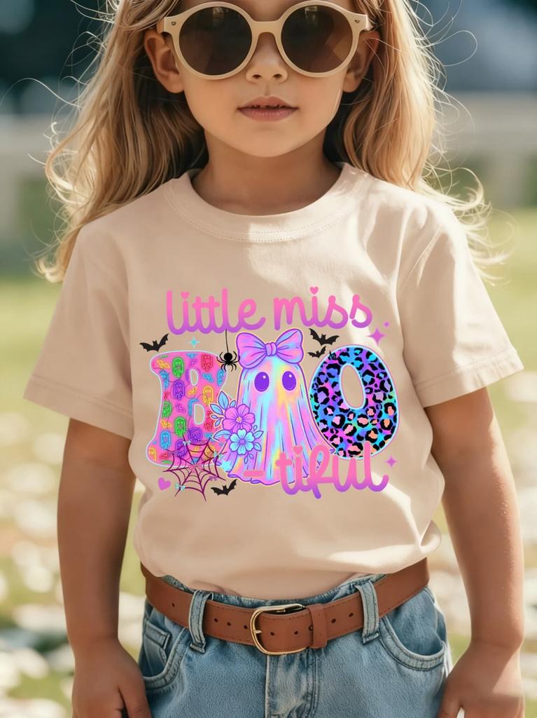 Halloween Sommer Mode Mädchen Kurzarm T-Shirt Schleife Cartoon Muster Druck Street Lässig Rundhals Kinderkleidung Mädchen