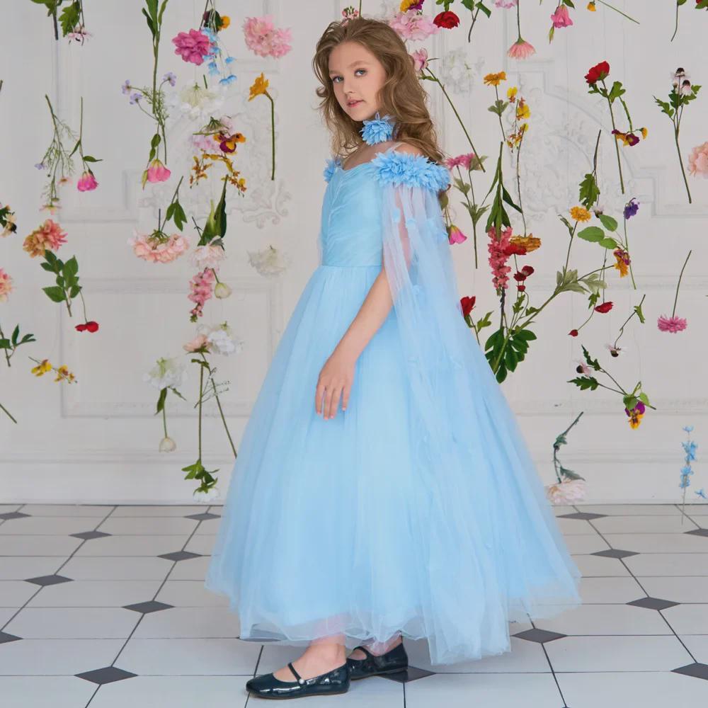 Off-Shoulder Princess Dress with Long Cape for European & American Girls - Fluffy Yarn Catwalk Costume