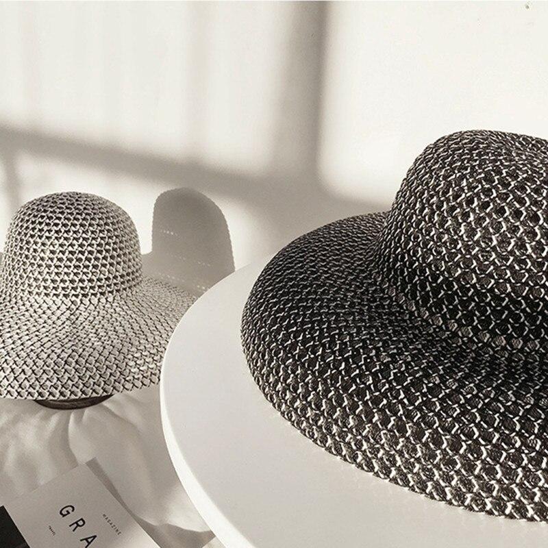 Retro Round Top Big Straw Hat Ladies Sun Hats Travel Holiday Visor Hats Vintage Women Beach Hat Black and White