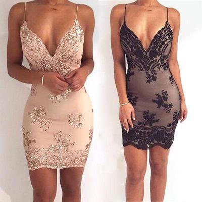 MAITA Womens Sexy Deep V Collar Sequin Harness Dress Backless Party Mini Dresses