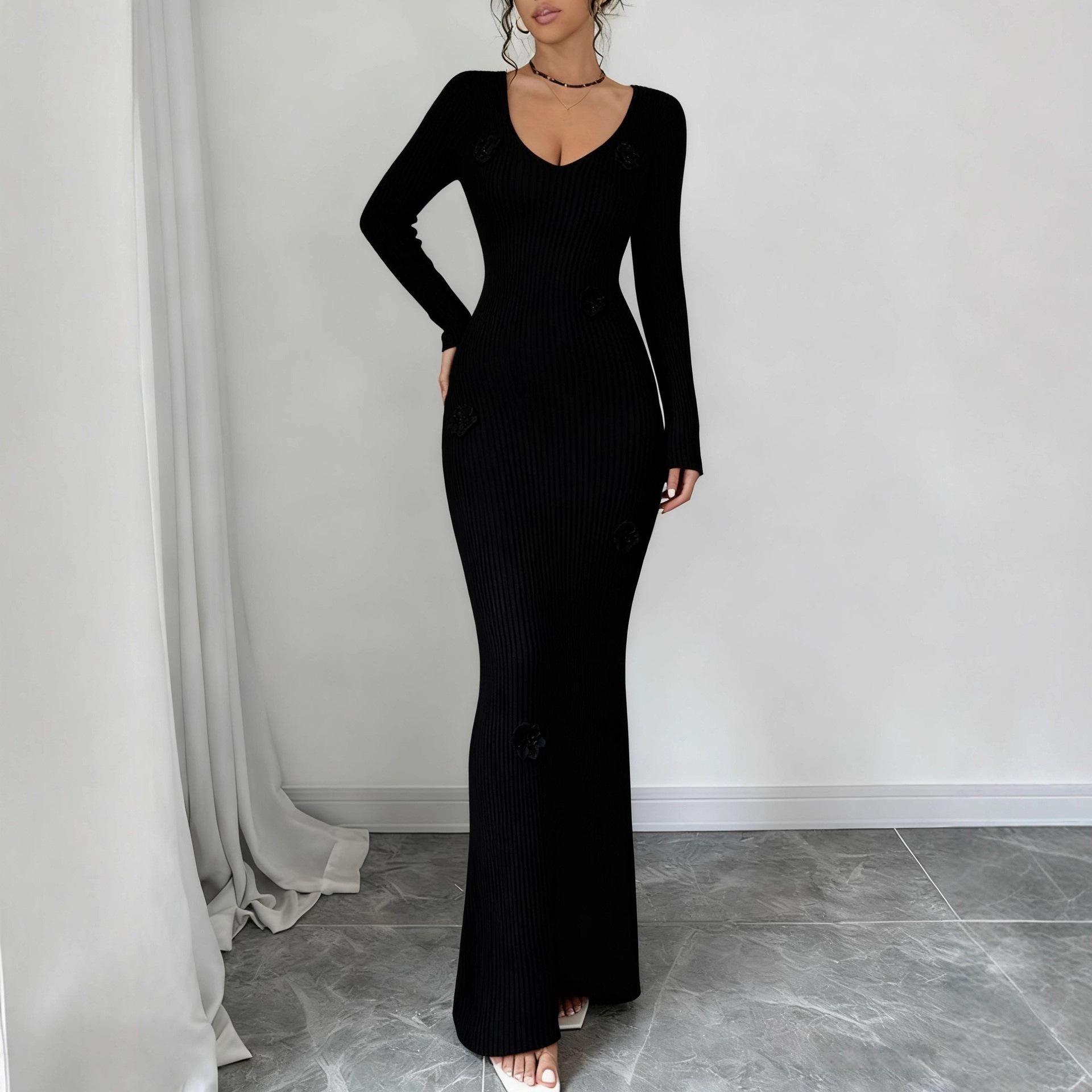 

European & American Style V-Neck 3D Floral Knit Slim Dress - Women s Black Long Dress for Autumn & Winter Small чёрный