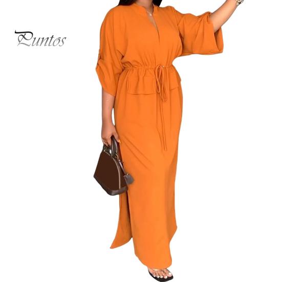 

Лето-осеннее платье с V-образным вырезом и шнурком. Тонкая талия. Рукава три четверти с разрезом по бокам. Чистый цвет с запонками. Повседневная одежда. Платье макси для свиданий. 2XL оранжевый