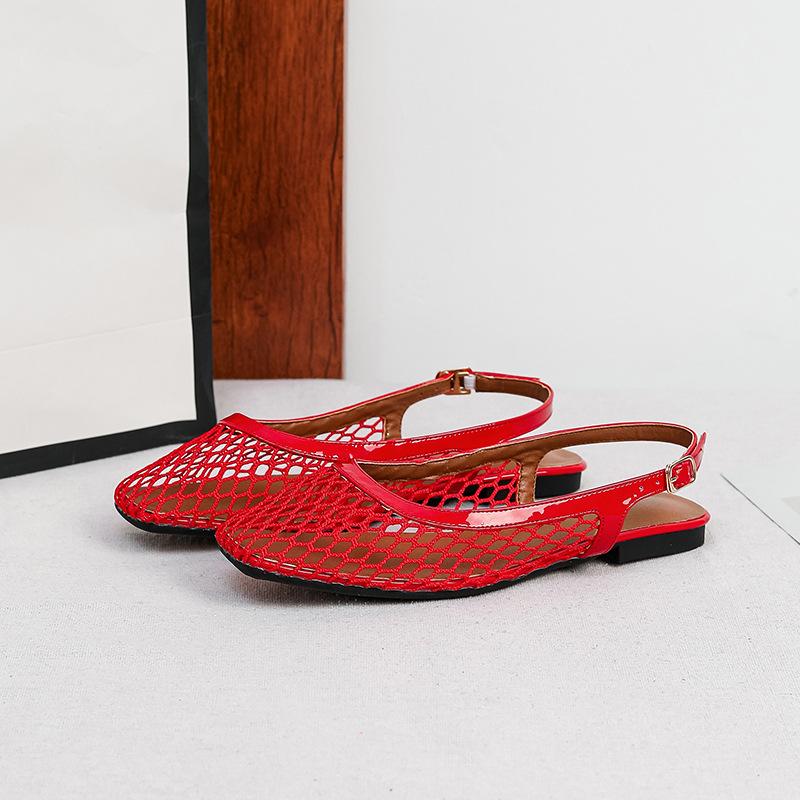 Mesh Slingback Flats for Women Summer Square Closed Toe Flats Slingback Sandals Women's Dress Shoes Adjustable Buckle Sandals Slip On Fishnet Mules