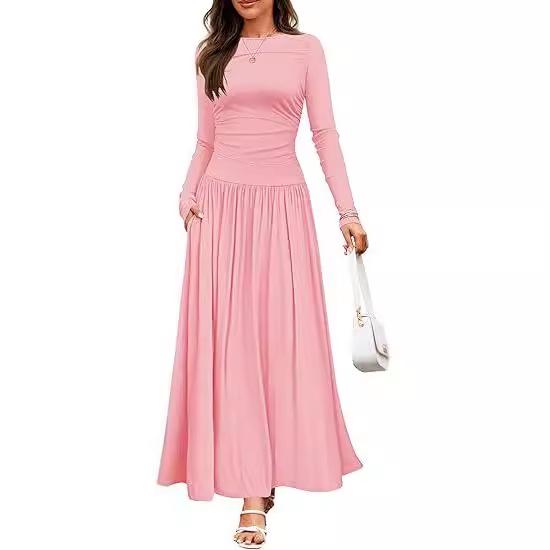 2025 Cross-border Women's Round Neck Pleated Pocket Slim Fit Long Sleeve Knit Dress