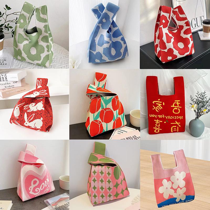 Przenośna Mini Pasiasta Torba Tote Ręcznie Robiona Dzianinowa Torba Damska Węzeł na Nadgarstek Torba Wiaderko na Telefon Duża Pojemność Jesień Zima Torebki