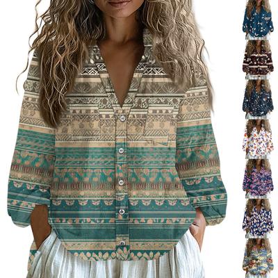 Top in cotone e lino da donna, camicie a maniche lunghe, t-shirt larghe con scollo a V, stile boho, camicette vintage