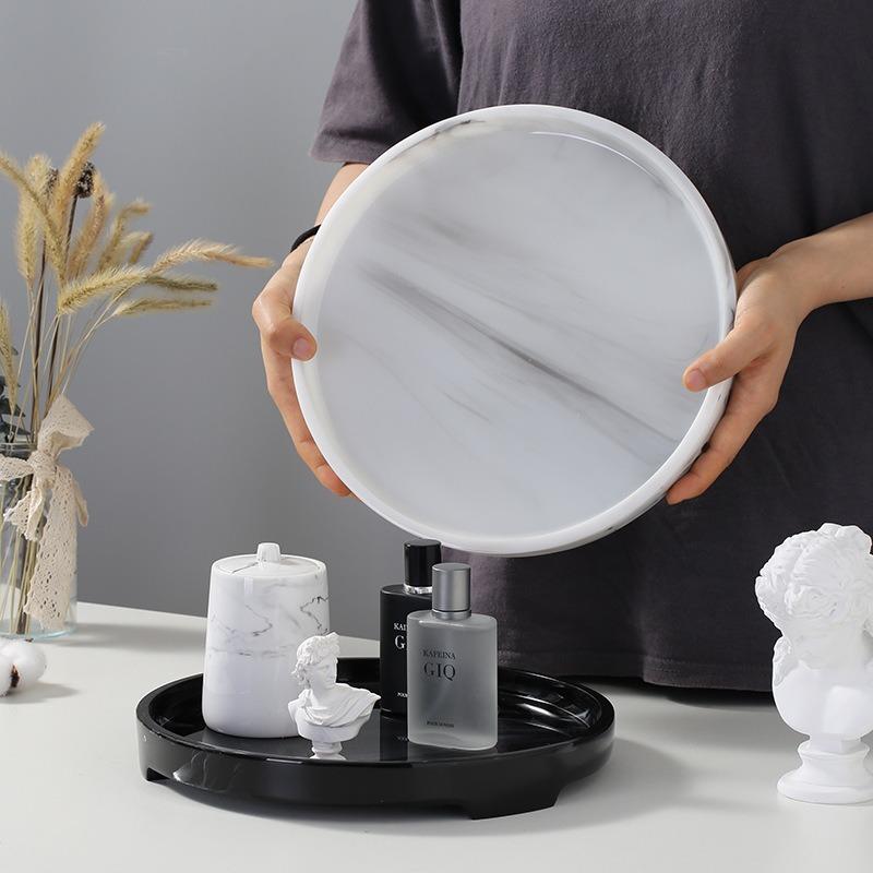 Round Resin Tray Nordic Marble Pattern Bathroom Cosmetics Storage Box Creative Home Living Room Tea Trays Decorative Fruit Plate