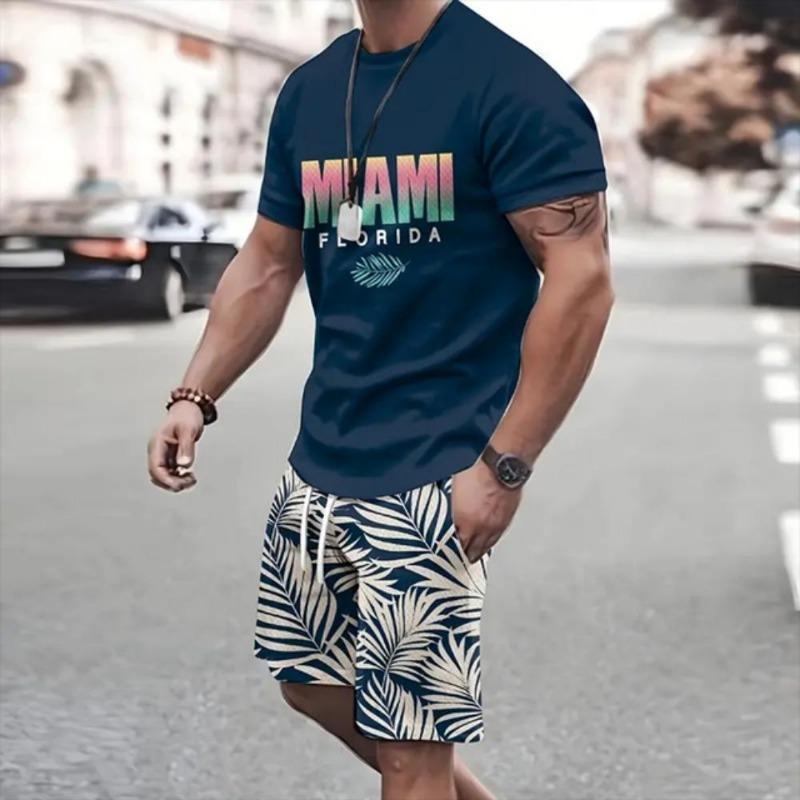 Summer Fashion Casual Men's Suit Gradient 3D Printed Sportswear Short-sleeved Suit Oversized Round Neck T-shirt Shorts 2-piece