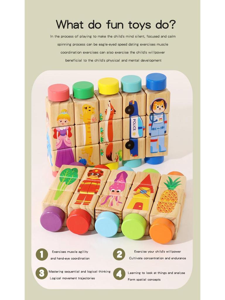 Wooden 3D Cartoon Animal & Fruit Puzzle Blocks for Toddlers – Rotating Educational Board
