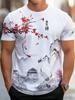 Męski T-shirt Artystyczny Orientalny, Chińska Kaligrafia Tuszem z Czerwonymi Kwiatami Śliwy i Żurawiami, Oddychający Krótki Rękaw do Codziennego Użytku