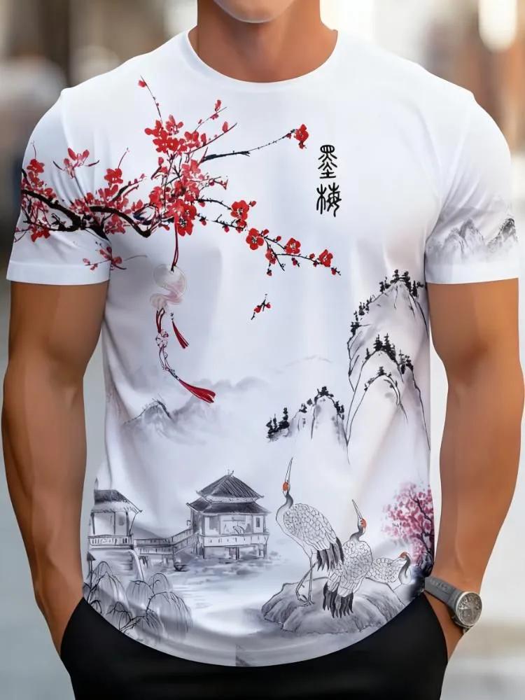 Męski T-shirt Artystyczny Orientalny, Chińska Kaligrafia Tuszem z Czerwonymi Kwiatami Śliwy i Żurawiami, Oddychający Krótki Rękaw do Codziennego Użytku