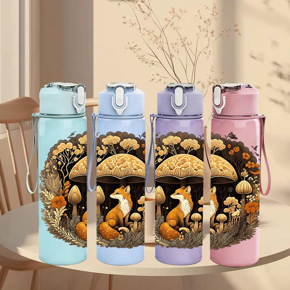 1PC Wild Mushroom Forest Art Print 750ml Color Plastic Sports Water Bottle Leakproof Flip Straw Lid Suitable for Sports Office Home Use