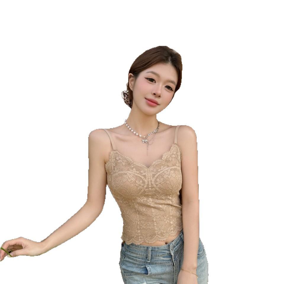 French Lace Ice Silk Camisole with Chest Pads - Elegant Back, Slimming Fit, Spring/Summer Style