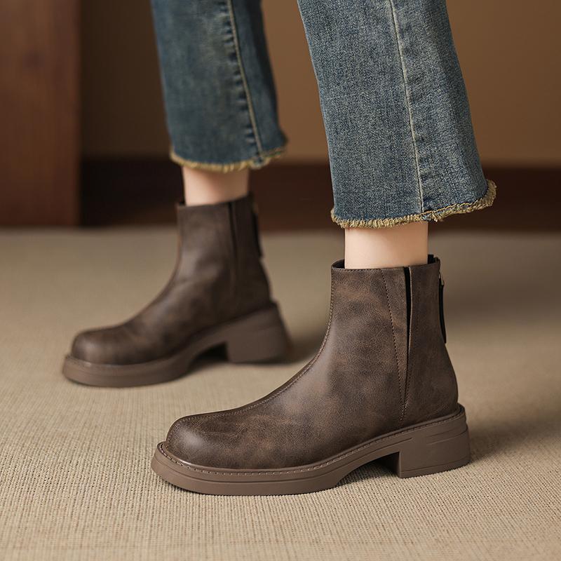 Fashion 2025 NEW Autumn Women Boots Split Leather Women Shoes Round Toe Chunky Heel Shoes Chelsea Boots Daily Shoes Platform Short Boots