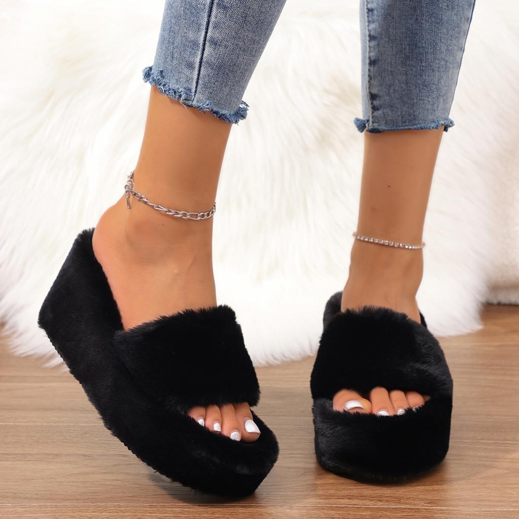 Platform Fur Slippers Women Autumn Furry Outdoor Wedges Slippers Woman Short Plush Designer Shoes Slides Women Zapatos De Mujer