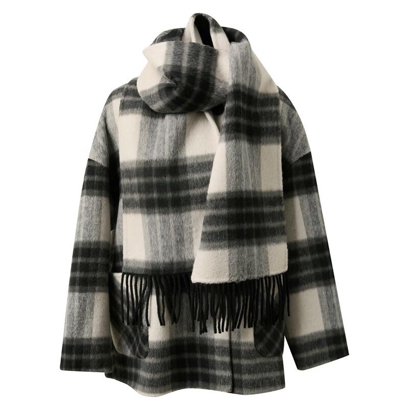Sancai Women's Plaid Merino Wool Blend Double-faced Coat with Scarf