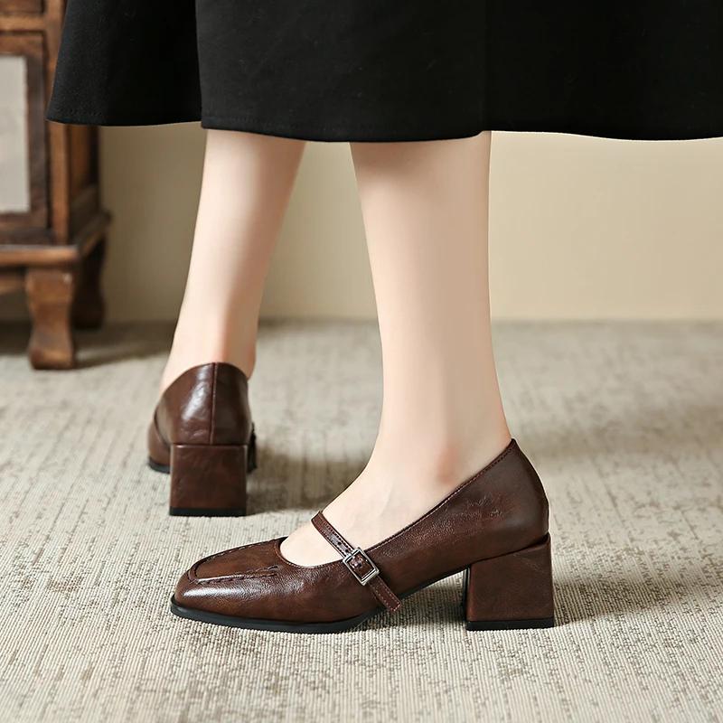 Fashion 2025 Shoes for Women Mary Janes Women's High Heels Retro Dress Pumps Women Square Toe Chunky Heels Buckle Strap Shoes Ladies
