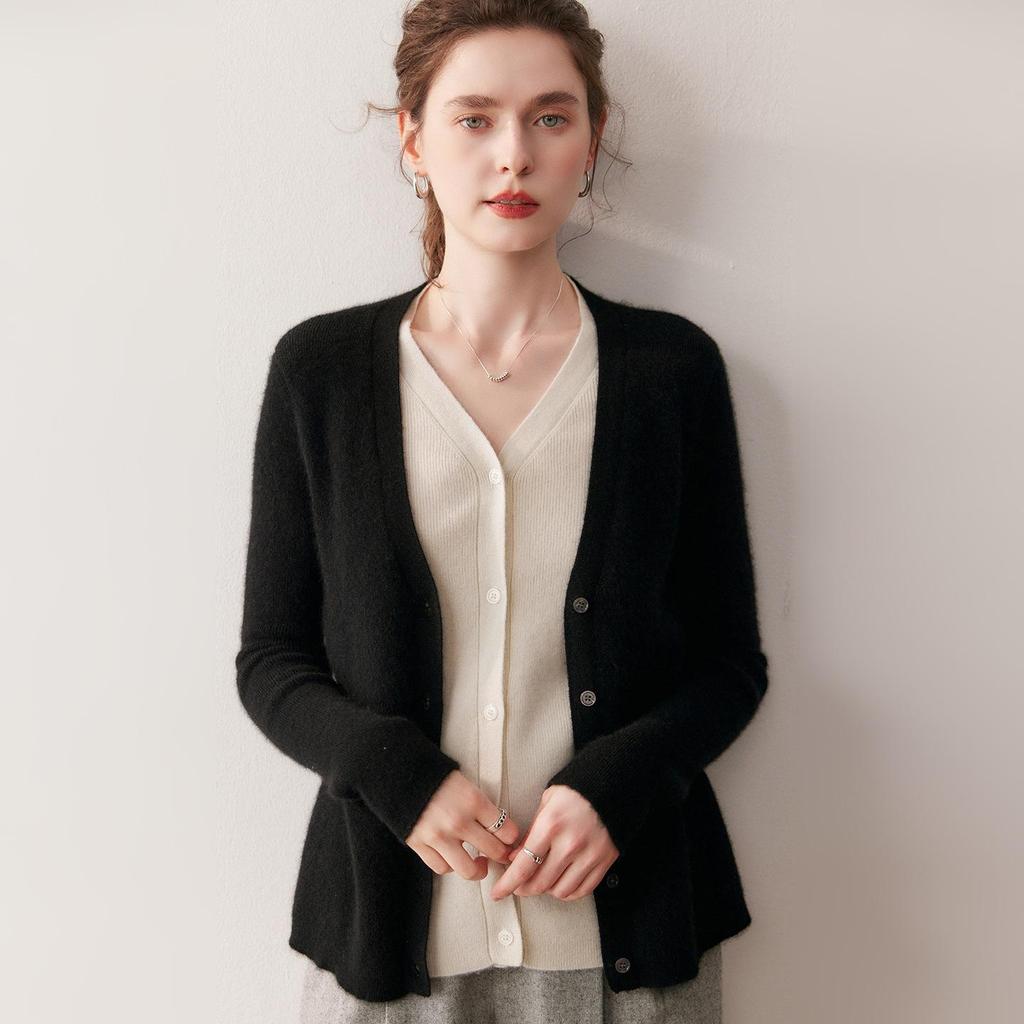 Two-Piece Color Block Women's Cashmere Cardigan: Korean V-Neck Knit Sweater, Stylish Long Sleeve Wool Coat.