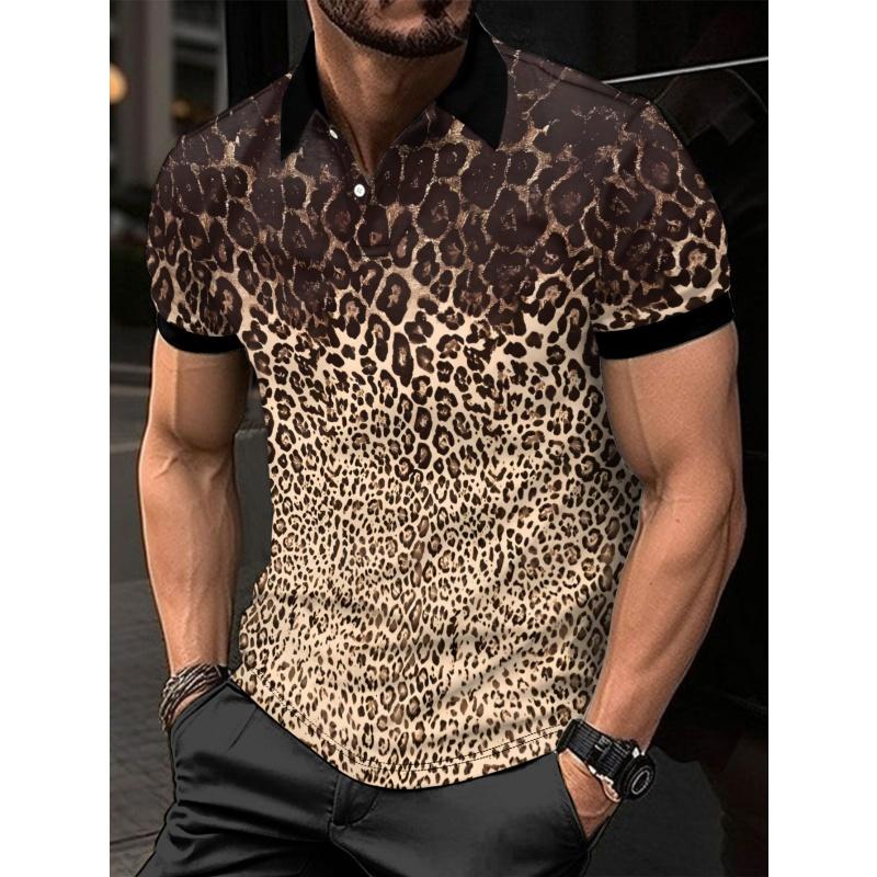Printed Striped Flower Men's Lapel T-shirt Gradient Leopard Print T-shirt Summer Loose Fit