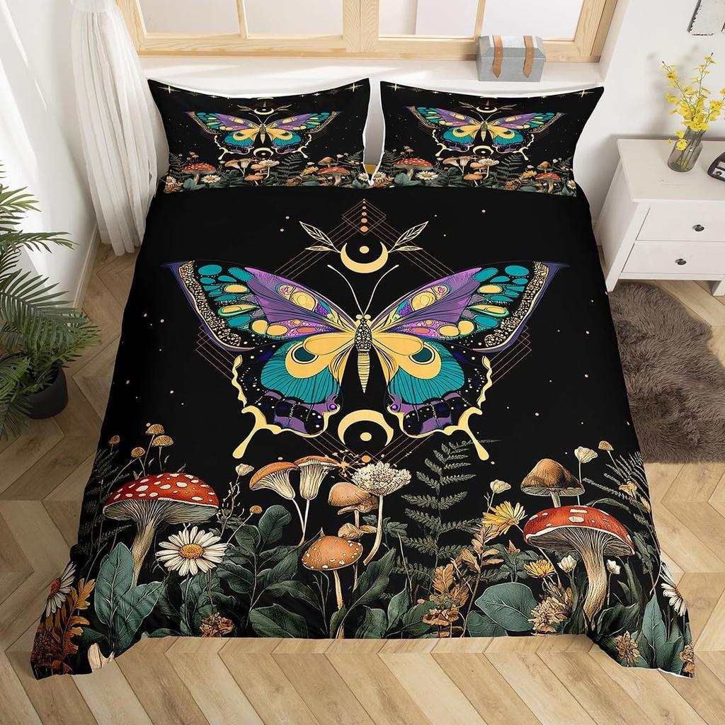 Boho Butterfly Duvet Cover Twin King,Star Moon Starry Sky Galaxy Bedding Set For Boy Girl,Cute Mushroom Daisy Flower Quilt Cover