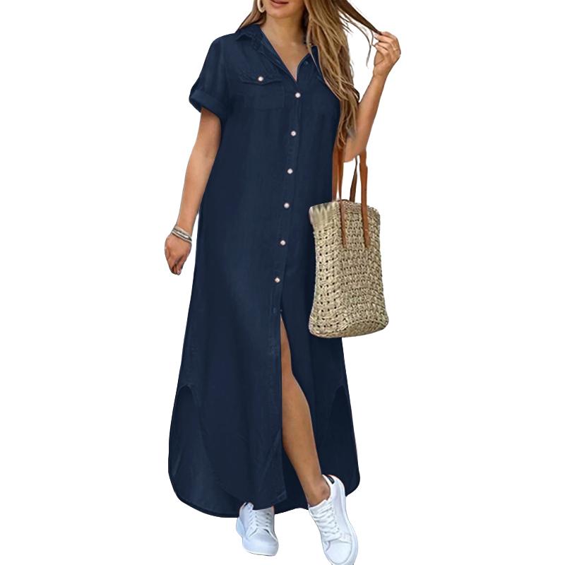 

ZANZEA Women Casual Turn Down Collar Loose Summer Short Sleeve Shirt Dress Темно-синій